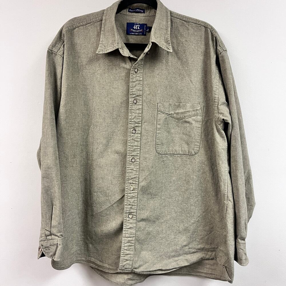 Vintage Men's Van Heusen Green Herringbone 100% Cotton long sleeve button down L